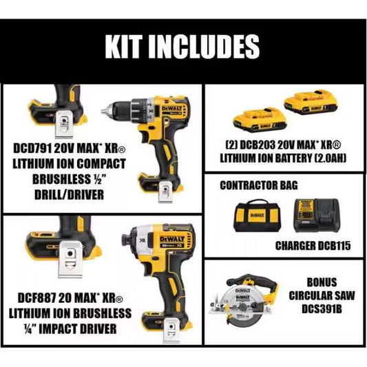 20V MAX XR Cordless Brushless Drill/Impact 2 Tool Combo Kit, 20V MAX 6-1/2 In. Circular Saw, and (2) 20V 2.0Ah Batteries
