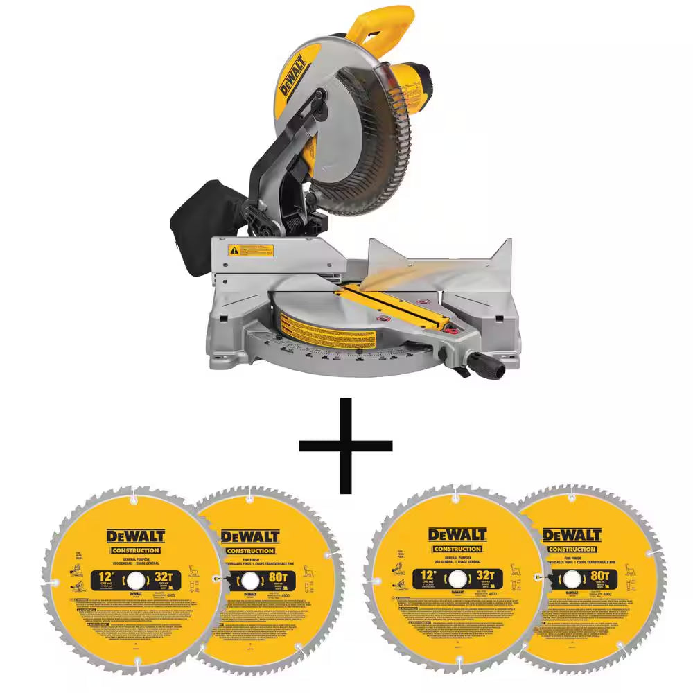 15 Amp Corded 12 In. Compound Single Bevel Miter Saw and 12 In. Miter Saw Blade 32-Teeth and 80-Teeth (4 Pack)