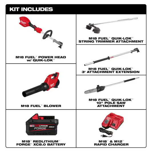 M18 FUEL 18V 16 In. Brushless Cordless QUIK-LOK String Trimmer/Blower Combo Kit W/ Pole Saw & 3Ft. Extension Attachments