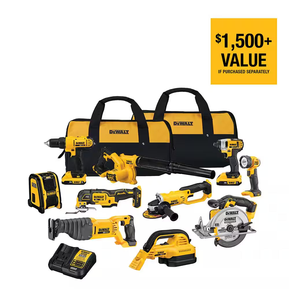 20V Max Cordless Combo Kit (10-Tool) and 5 In. Random Orbital Sander with (2) 20-Volt 2.0Ah Batteries, Charger & Bag
