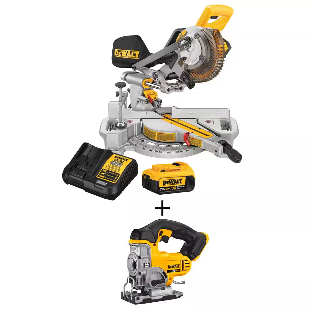 20V MAX Cordless 7-1/4 In. Sliding Miter Saw, Cordless Jigsaw, and (1) 20V 4.0Ah Battery