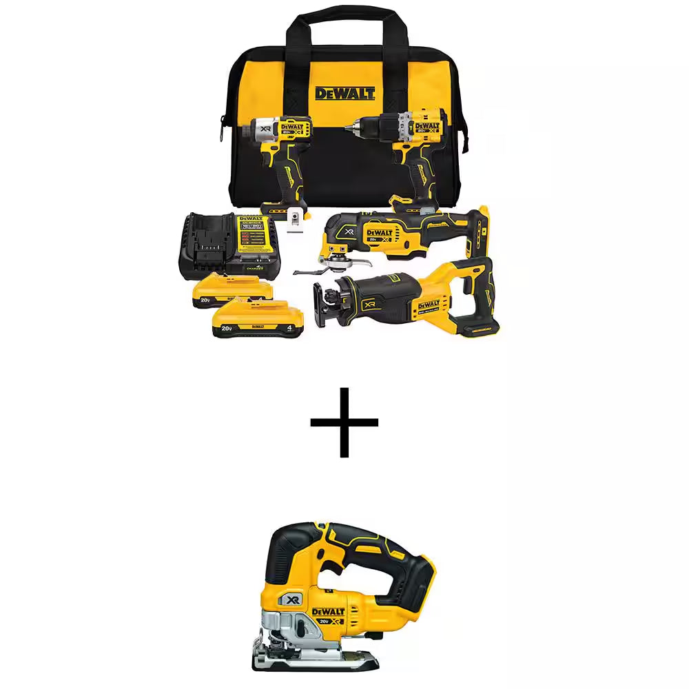20V MAX Lithium-Ion Cordless 4-Tool Combo Kit and 20V XR Cordless Brushless Jigsaw with (2) 4 Ah Batteries and Charger