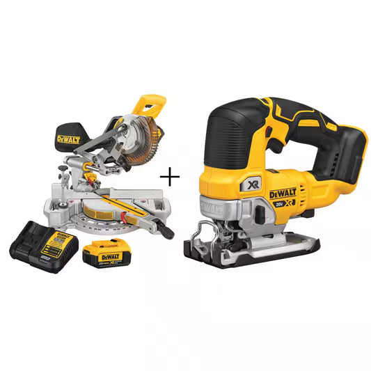 20V MAX Cordless 7-1/4 In. Sliding Miter Saw, Cordless Jigsaw, and (1) 20V 4.0Ah Battery