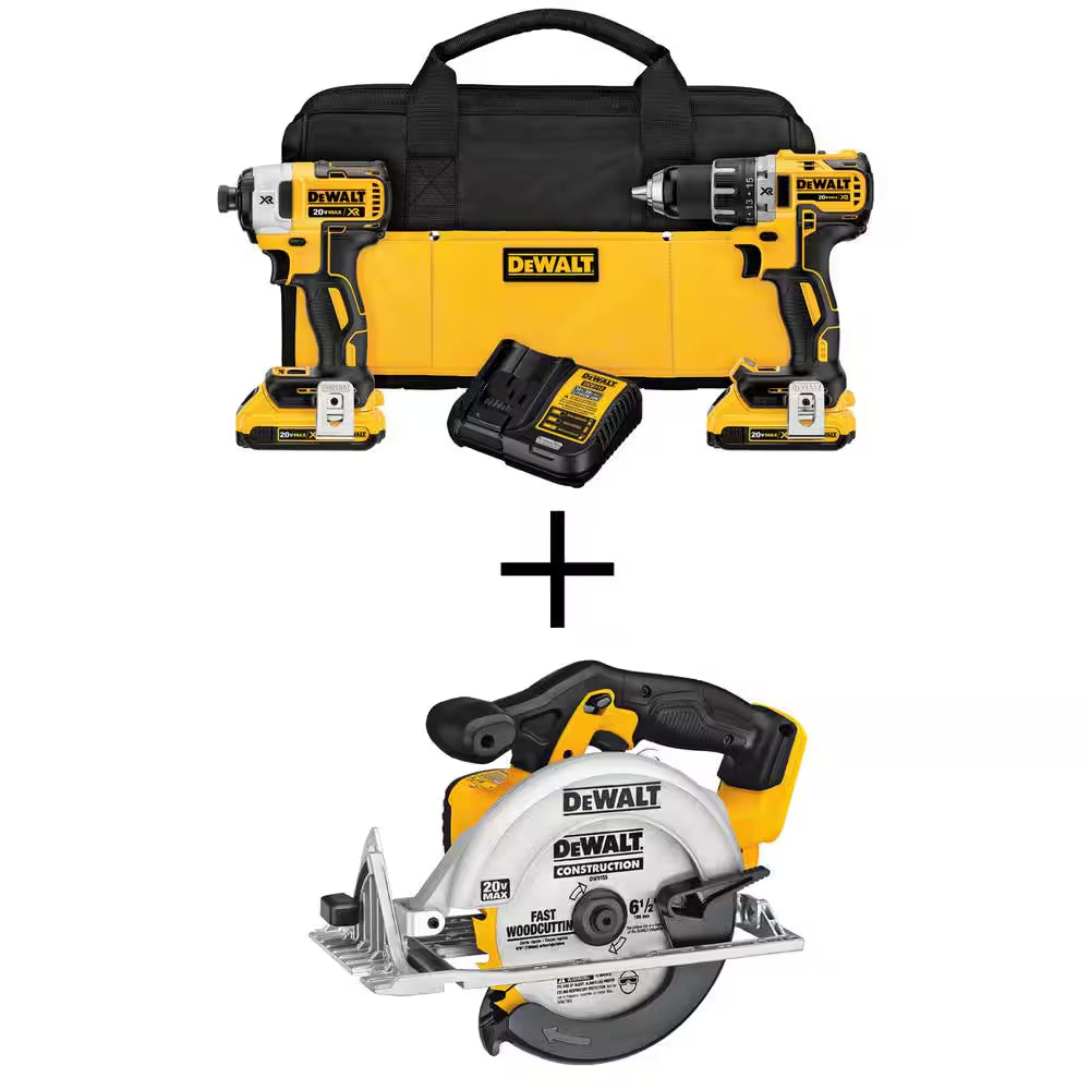 20V MAX XR Cordless Brushless Drill/Impact 2 Tool Combo Kit, 20V MAX 6-1/2 In. Circular Saw, and (2) 20V 2.0Ah Batteries