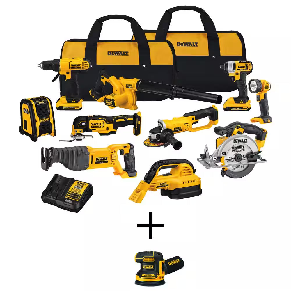 20V Max Cordless Combo Kit (10-Tool) and 5 In. Random Orbital Sander with (2) 20-Volt 2.0Ah Batteries, Charger & Bag