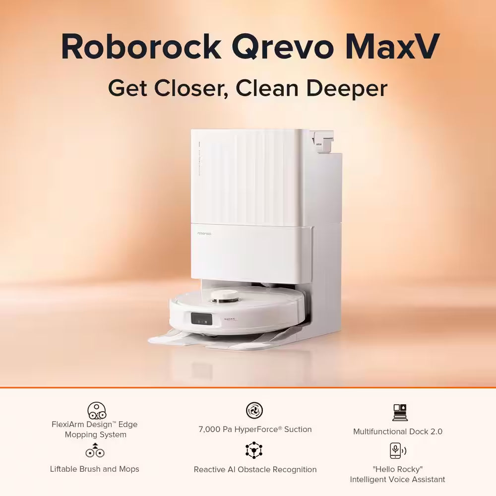 Qrevo Maxv 16.61 In. Robotic Vacuum and Mop with Smart Navigation, Self-Emptying, Self-Drying, Multisurface in White