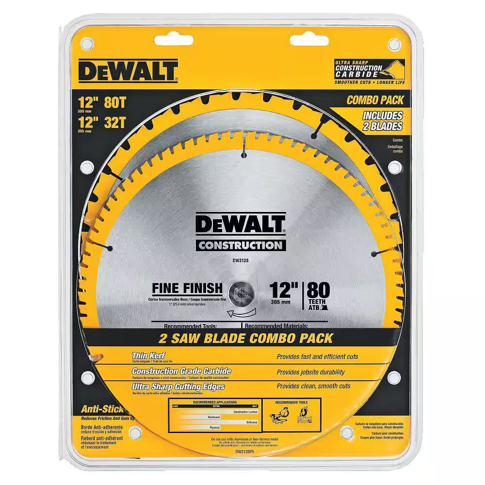 15 Amp Corded 12 In. Compound Single Bevel Miter Saw and 12 In. Miter Saw Blade 32-Teeth and 80-Teeth (4 Pack)