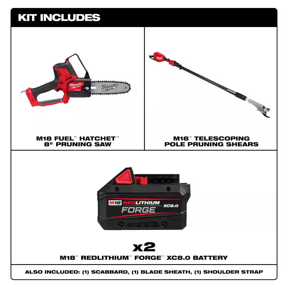 M18 FUEL 18V Brushless 8 In. HATCHET Pruning Saw W/M18 FUEL Telescoping Pruning Shears, (2) M18 FORGE 8.0 Ah Battery