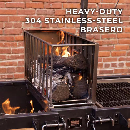 Argentine Santa Maria XL Wood Fire and Charcoal Steel BBQ Grill in Black with Asado Clamp and Adjustable Grates