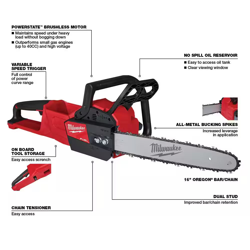 M18 FUEL 18V 16 In. Brushless Cordless Battery Powered Chainsaw with M18 FUEL Blower, 8.0 Ah FORGE Battery, Charger
