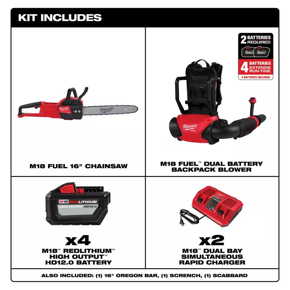 M18 FUEL 18V Brushless Cordless Dual Battery Backpack Blower Kit W/16 In. Chainsaw, (4) 12.0 Ah Batteries, 2 Chargers