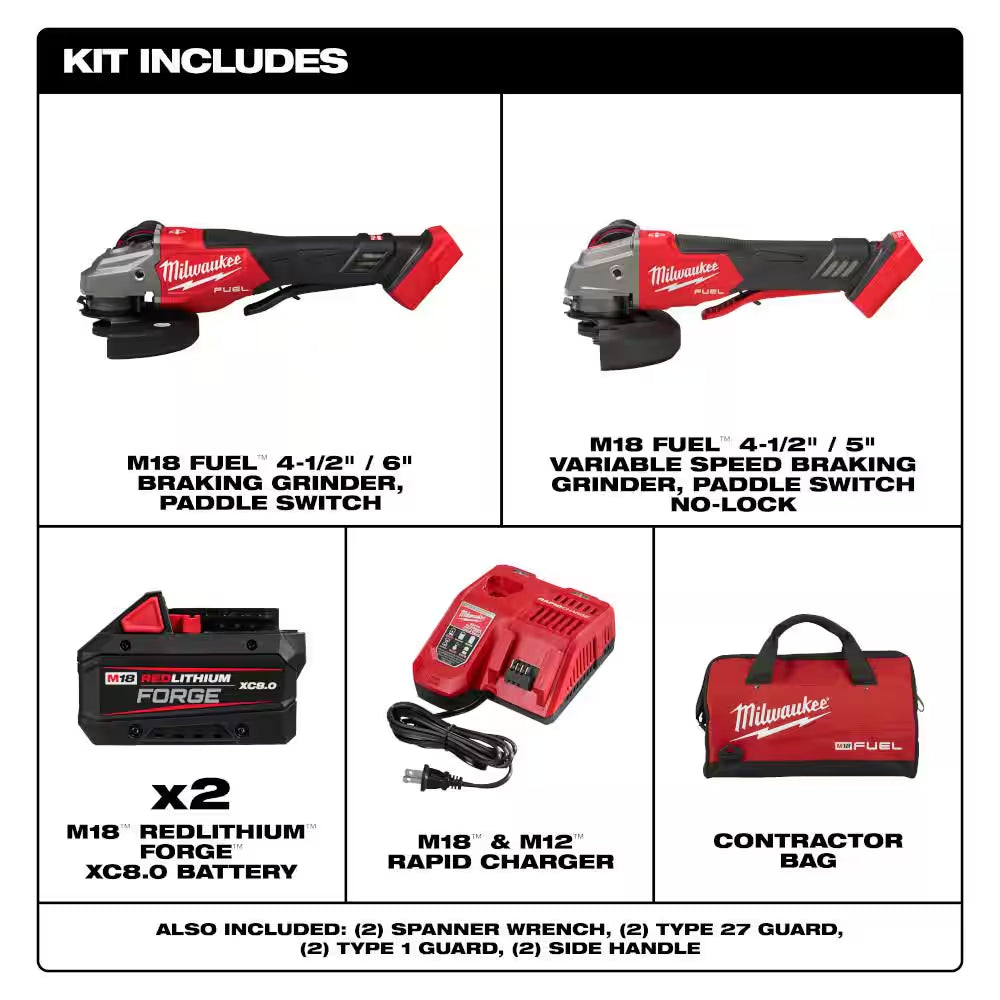 M18 FUEL 18V Lith-Ion Brushless Cordless 4-1/2 In. /6 In. Braking Grinder & 2 XC 8.0 Ah Battery & Variable Speed Grinder