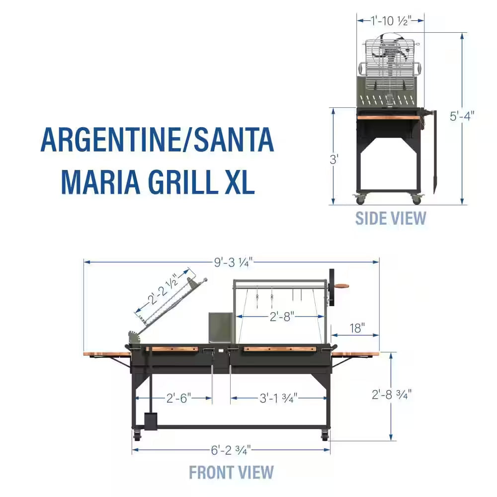 Argentine Santa Maria XL Wood Fire and Charcoal Steel BBQ Grill in Black with Asado Clamp and Adjustable Grates