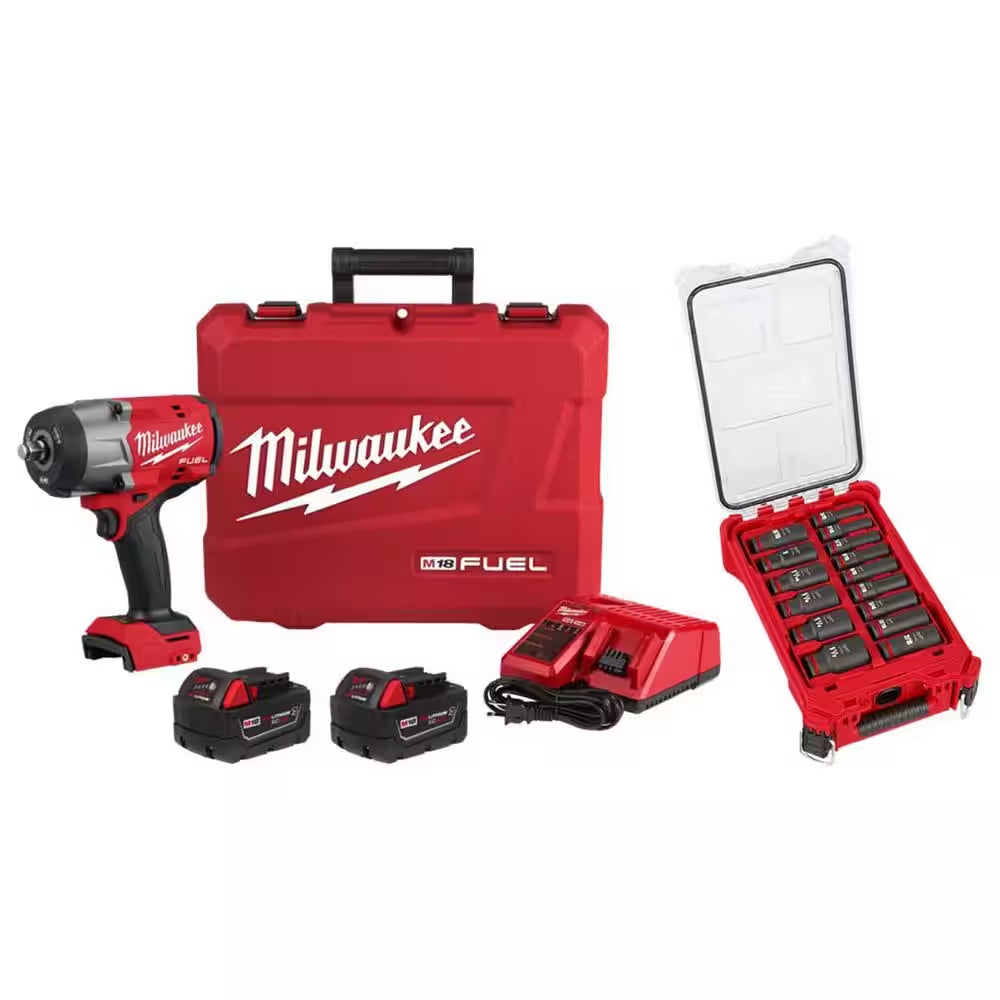 M18 FUEL 18V Lithium-Ion Brushless Cordless High-Torque 1/2 In. Impact Wrench W/Friction Ring Kit and Impact Socket Set