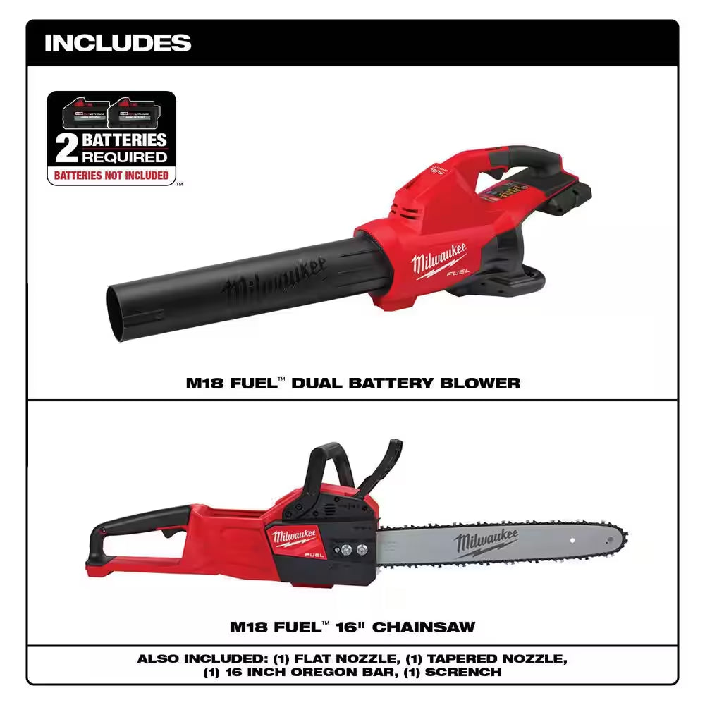 M18 FUEL Dual Battery 145 MPH 600 CFM 18V Lithium-Ion Brushless Cordless Handheld Blower with M18 FUEL 16 In. Chainsaw