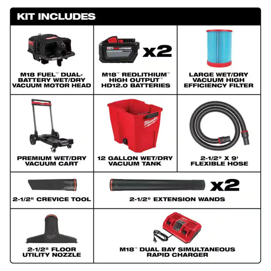 M18 FUEL 12 Gallon Cordless DUAL-BATTERY Wet/Dry Shop Vac Kit W/12.0 Ah Battery, Charger, Filter, Hose, and Accessories