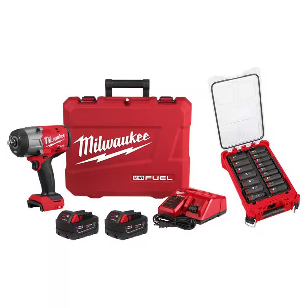 M18 FUEL 18V Lithium-Ion Brushless Cordless High-Torque 1/2 In. Impact Wrench W/Friction Ring Kit and Impact Socket Set