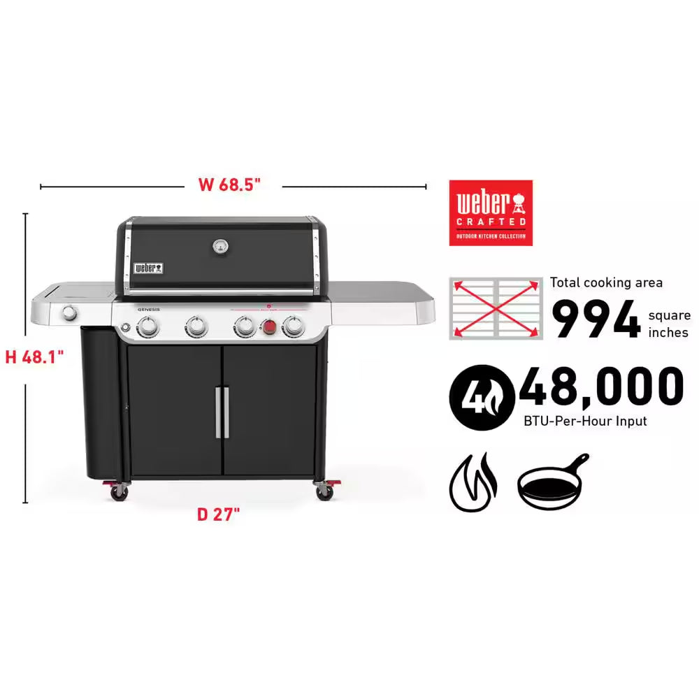 Genesis E-435 4-Burner Liquid Propane Gas Grill in Black with Side Burner