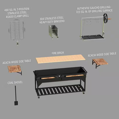 Argentine Santa Maria XL Wood Fire and Charcoal Steel BBQ Grill in Black with Asado Clamp and Adjustable Grates