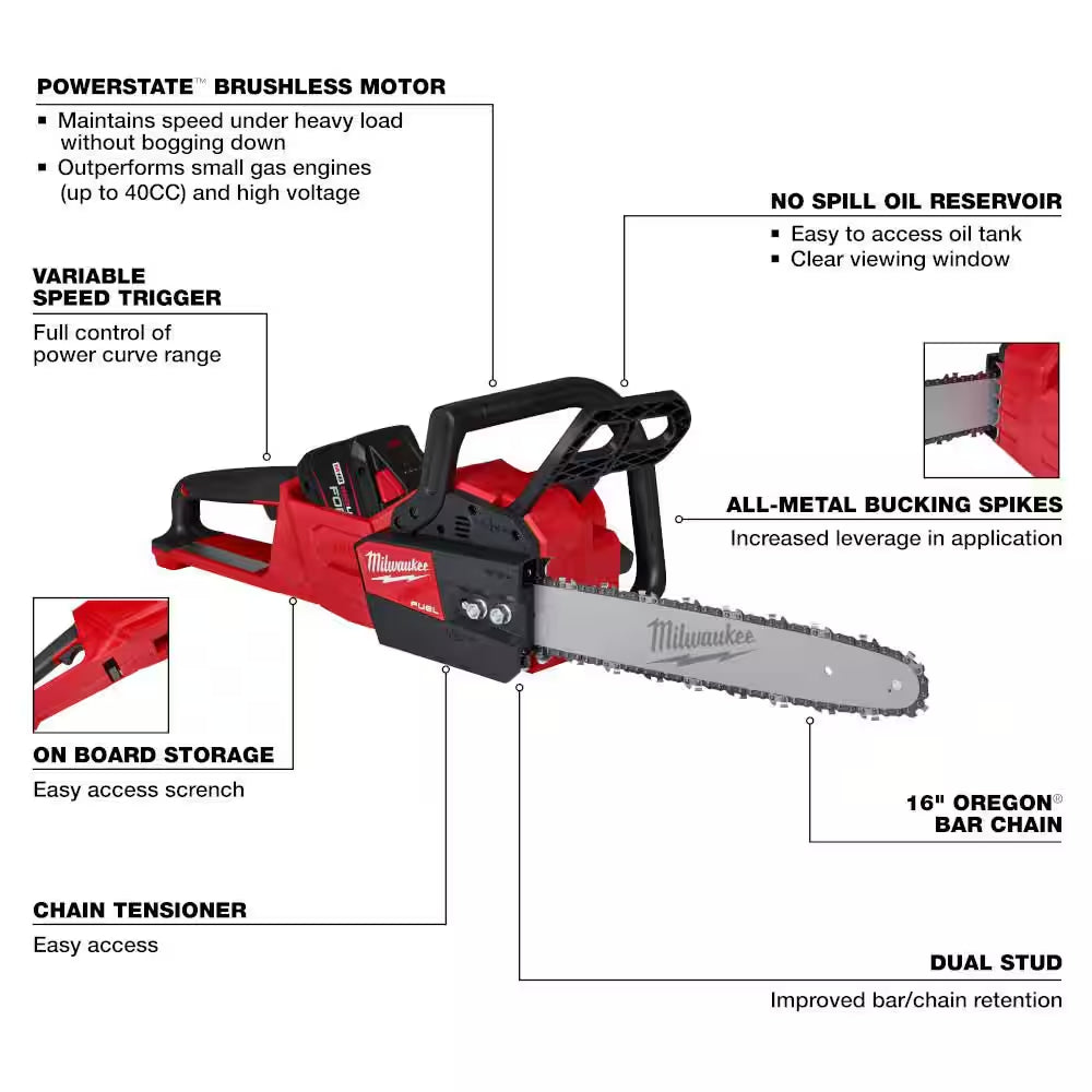 M18 FUEL 16 In. 18V Lithium-Ion Battery Brushless Cordless Chainsaw Kit W/12.0Ah Battery & M18 FUEL HATCHET (2-Tool)