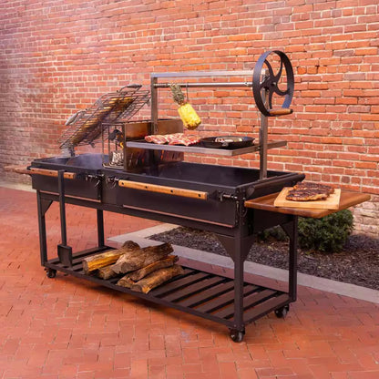 Argentine Santa Maria XL Wood Fire and Charcoal Steel BBQ Grill in Black with Asado Clamp and Adjustable Grates