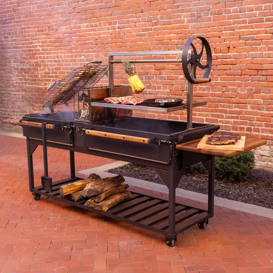 Argentine Santa Maria XL Wood Fire and Charcoal Steel BBQ Grill in Black with Asado Clamp and Adjustable Grates