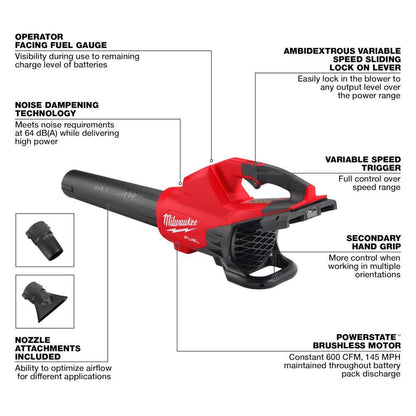 M18 FUEL Dual Battery 145 MPH 600 CFM 18V Lithium-Ion Brushless Cordless Handheld Blower with M18 FUEL 16 In. Chainsaw