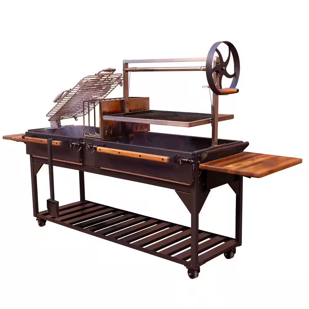 Argentine Santa Maria XL Wood Fire and Charcoal Steel BBQ Grill in Black with Asado Clamp and Adjustable Grates