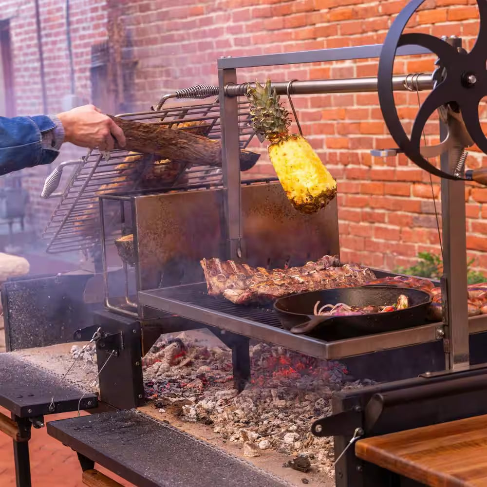 Argentine Santa Maria XL Wood Fire and Charcoal Steel BBQ Grill in Black with Asado Clamp and Adjustable Grates