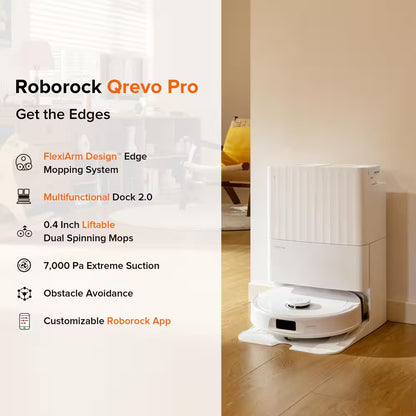 Qrevo Pro 13. 4In Robotic Vacuum, with Lidar Smart Navigation, Flexiarm Edge Mopping, Dynamic Hot Water Re-Wash in White