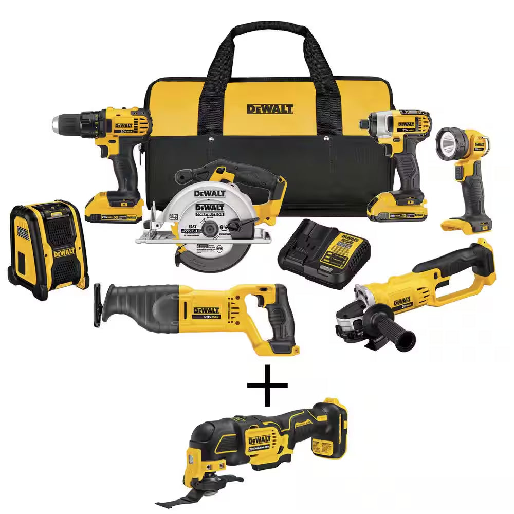 20V MAX Cordless 7 Tool Combo Kit, 20V MAX XR Cordless Brushless Jigsaw, and (2) 20V 2.0Ah Batteries