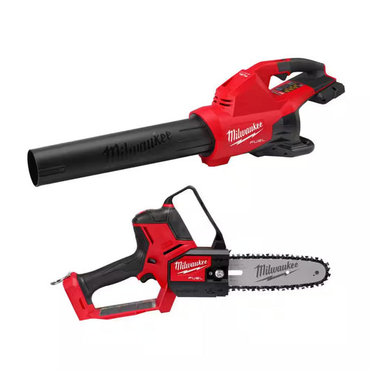 M18 FUEL Dual Battery 145 MPH 600 CFM 18V Lithium-Ion Brushless Cordless Handheld Blower with M18 FUEL 16 In. Chainsaw